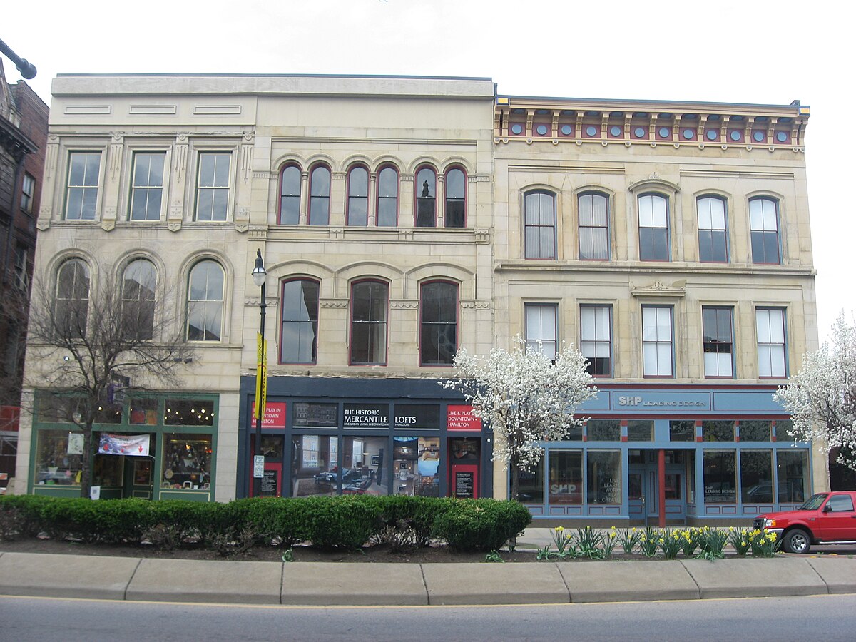 Historic downtown Hamilton Ohio showing High Street commercial buildings and preserved 19th century architecture